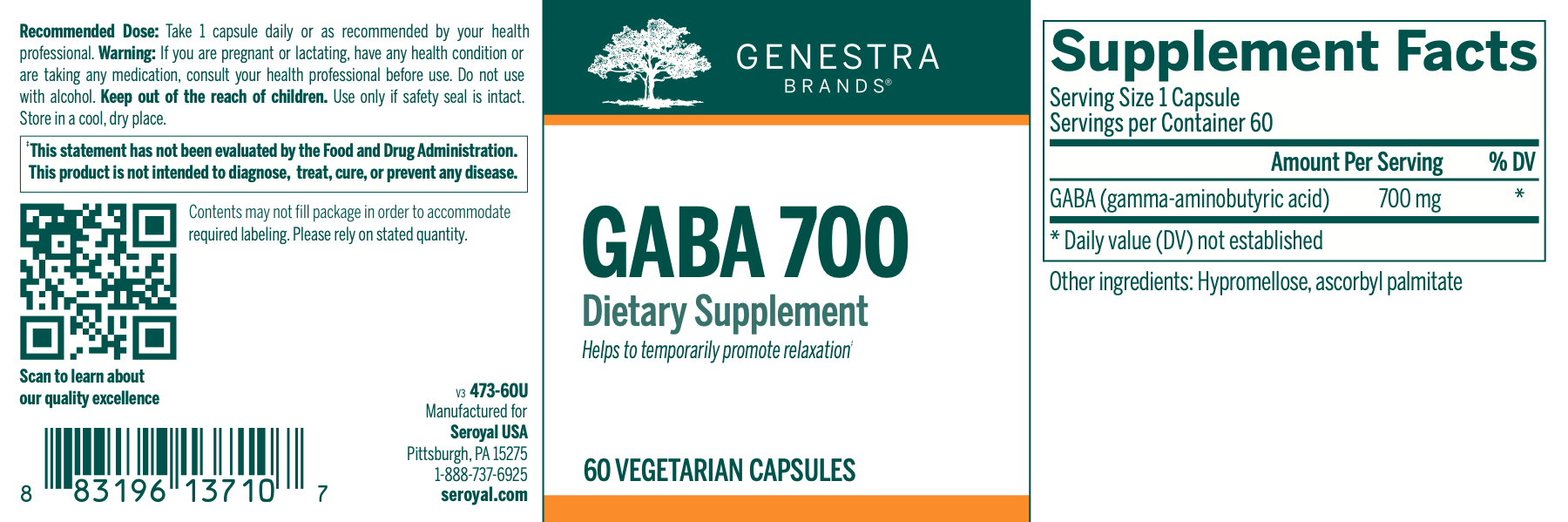 GABA 700 (60 Capsules)-Vitamins & Supplements-Genestra-Pine Street Clinic
