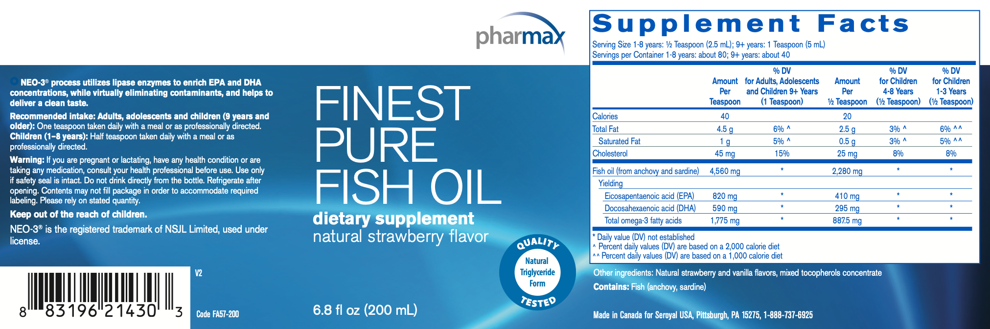Finest Pure Fish Oil (Strawberry) (200 ml)-Vitamins & Supplements-Pharmax-Pine Street Clinic