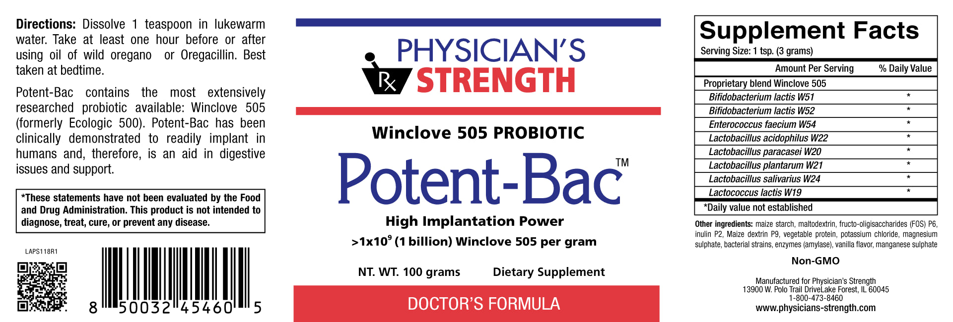 Potent-Bac (100 Grams Powder)-Vitamins & Supplements-Physician's Strength-Pine Street Clinic