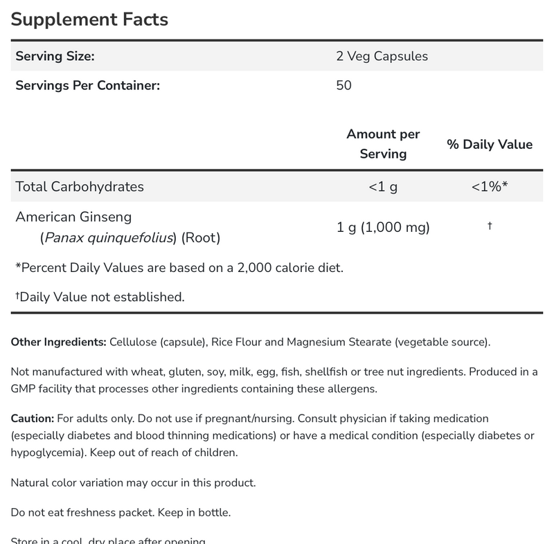 American Ginseng (500 mg) (100 Capsules)