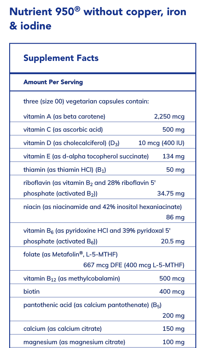 Nutrient 950 without Copper, Iron & Iodine (180 Capsules)