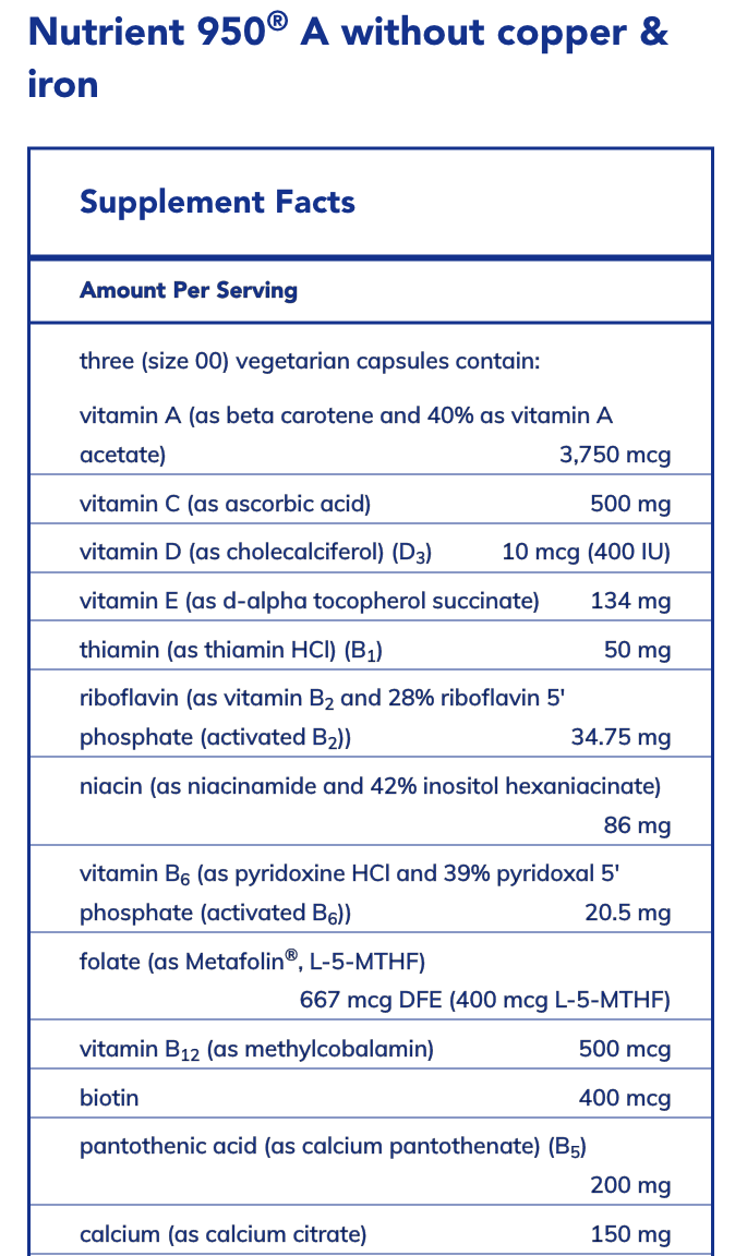 Nutrient 950 A Without Copper & Iron (180 Capsules)