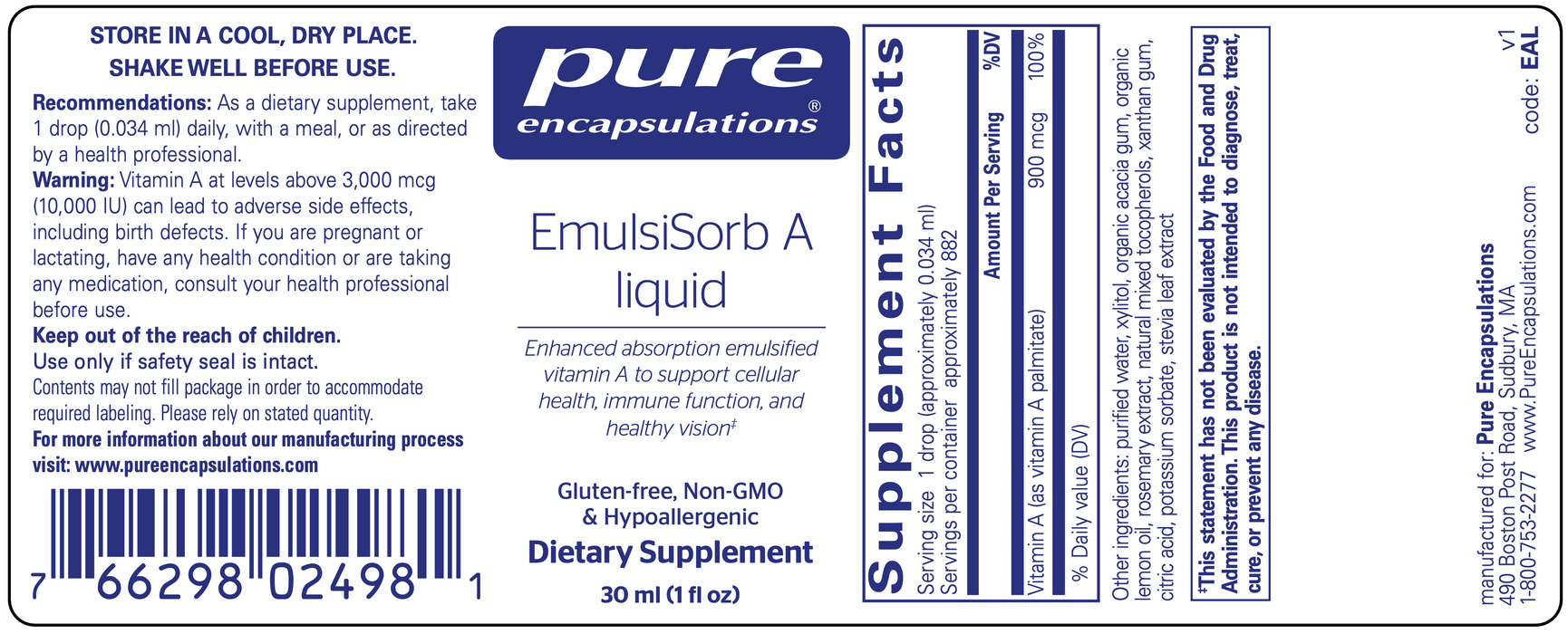 EmulsiSorb A Liquid (30 mL) (1 Fluid Ounce)-Vitamins & Supplements-Pure Encapsulations-Pine Street Clinic