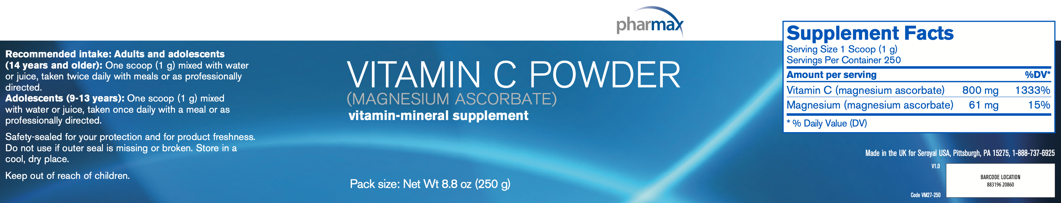 Vitamin C Powder (Magnesium Ascorbate) (250 grams)-Pharmax-Pine Street Clinic