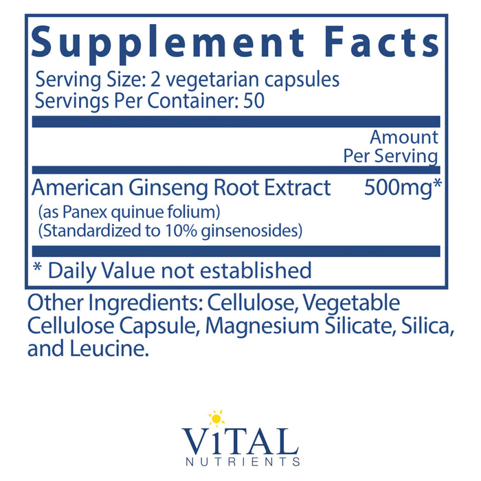 American Ginseng Extract 250mg (100 Capsules)-Vitamins & Supplements-Vital Nutrients-Pine Street Clinic