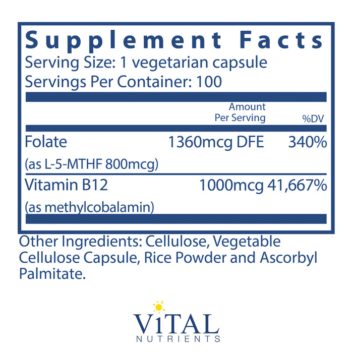 B-12 & Methyl Folate (100 Capsules)-Vitamins & Supplements-Vital Nutrients-Pine Street Clinic