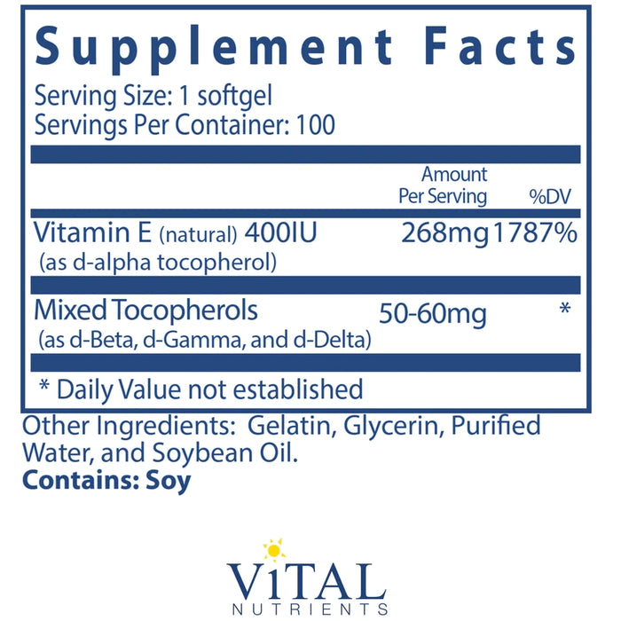 Vitamin E 400 (100 Softgels)-Vitamins & Supplements-Vital Nutrients-Pine Street Clinic