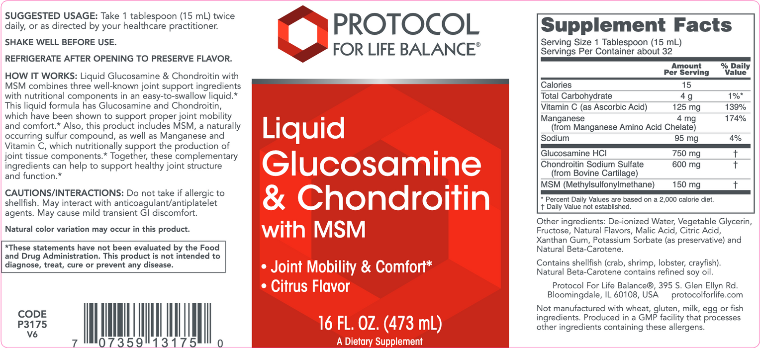 Liquid Glucosamine & Chondroitin with MSM (16 Ounces)-Vitamins & Supplements-Protocol For Life Balance-Pine Street Clinic