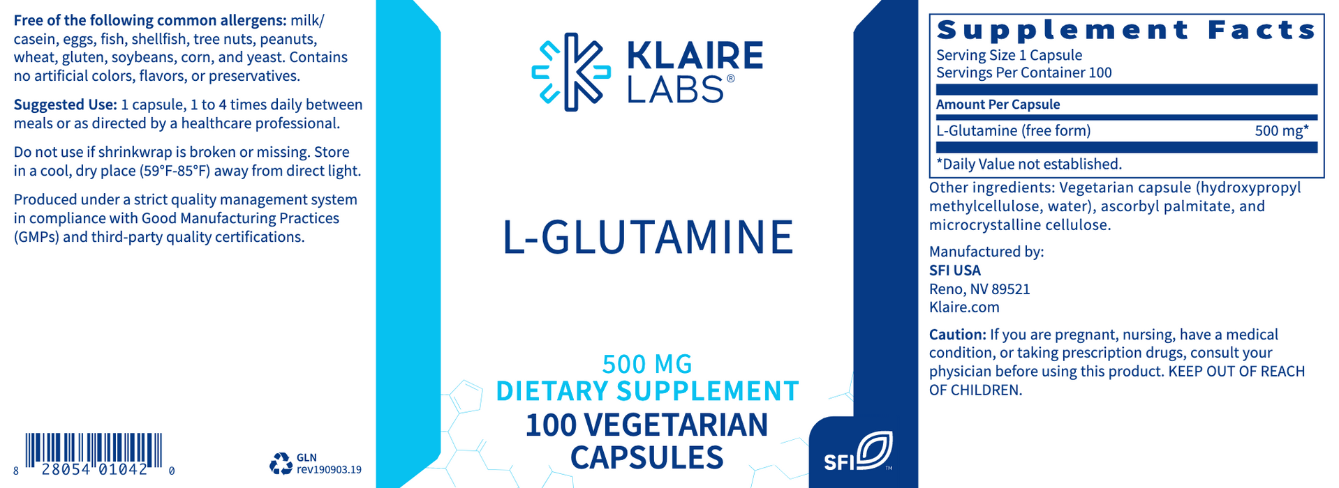 L-Glutamine (100 Capsules)-Klaire Labs-Pine Street Clinic