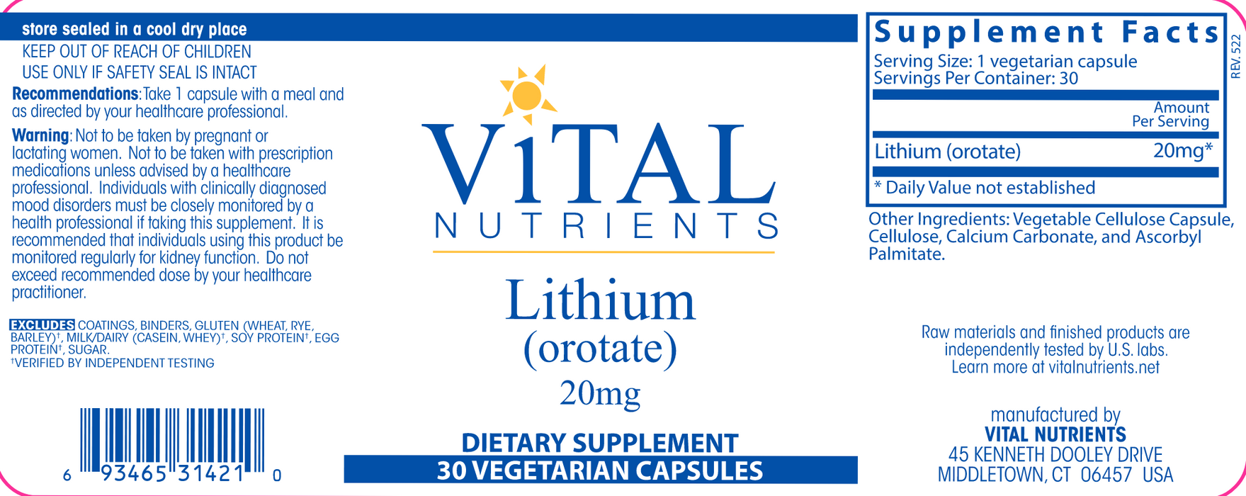 Lithium (orotate) 20 mg-Vitamins & Supplements-Vital Nutrients-30 Capsules-Pine Street Clinic