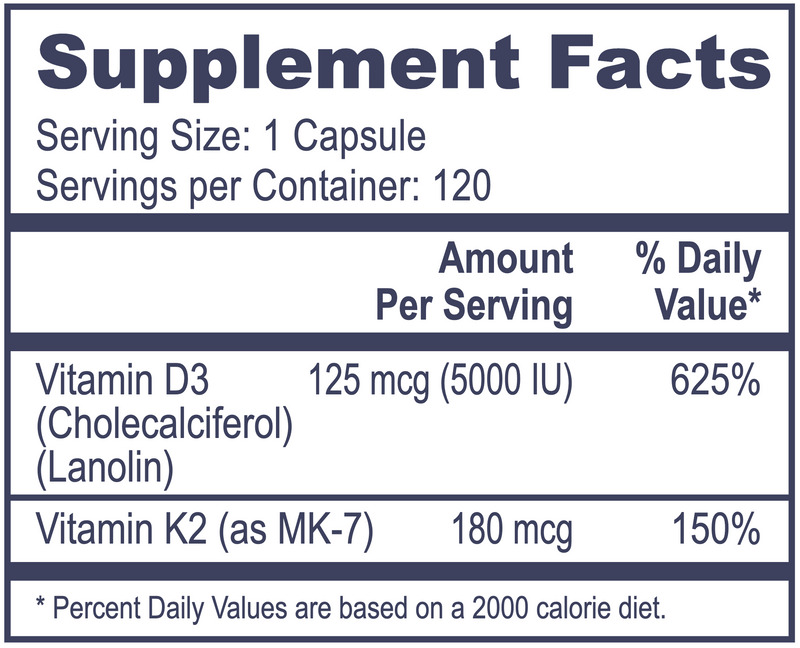 Vitamin D3 5000 with K2 (120 Capsules)