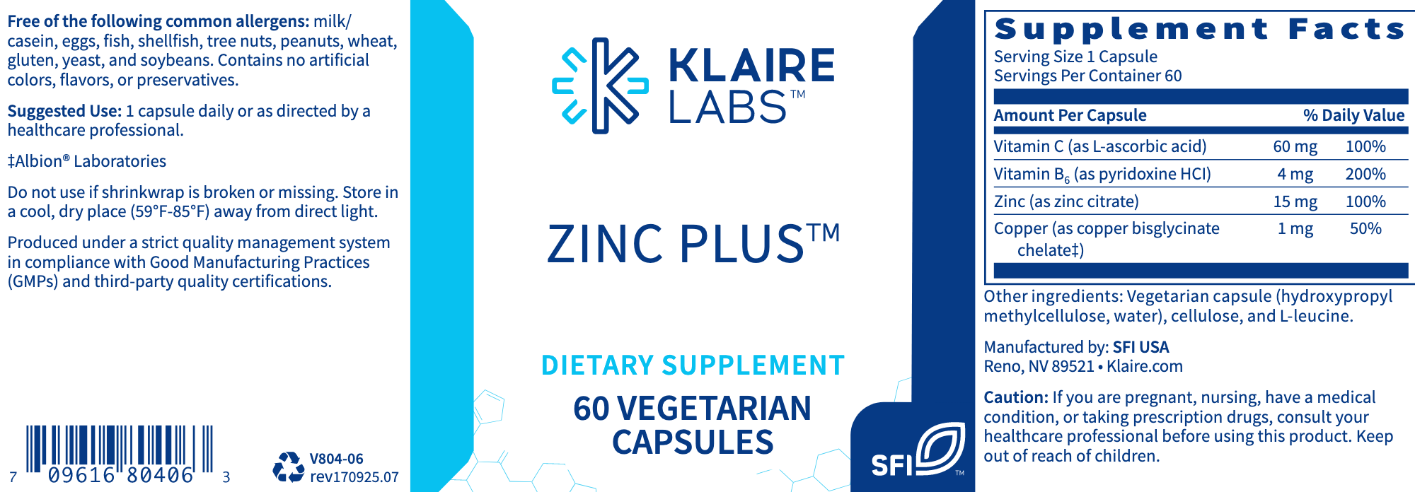 Zinc Plus (Zinc Citrate) (60 Capsules)-Klaire Labs-Pine Street Clinic