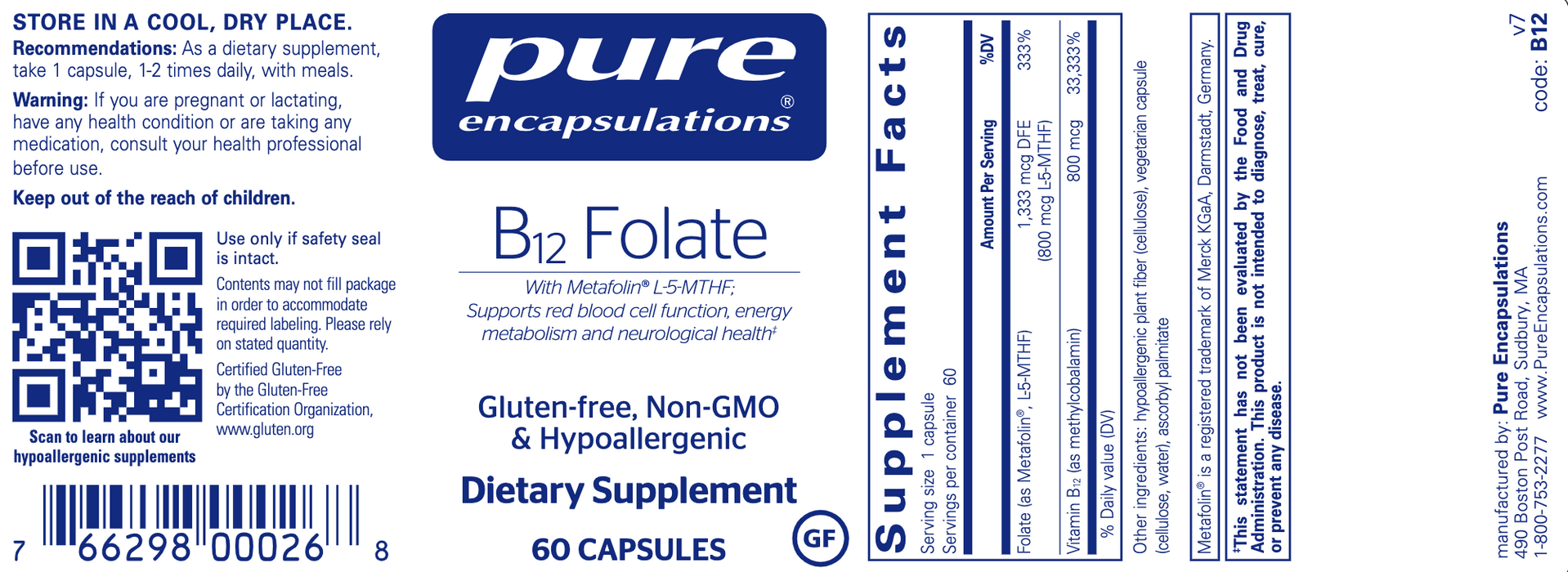 B12 Folate (60 Capsules)-Vitamins & Supplements-Pure Encapsulations-Pine Street Clinic