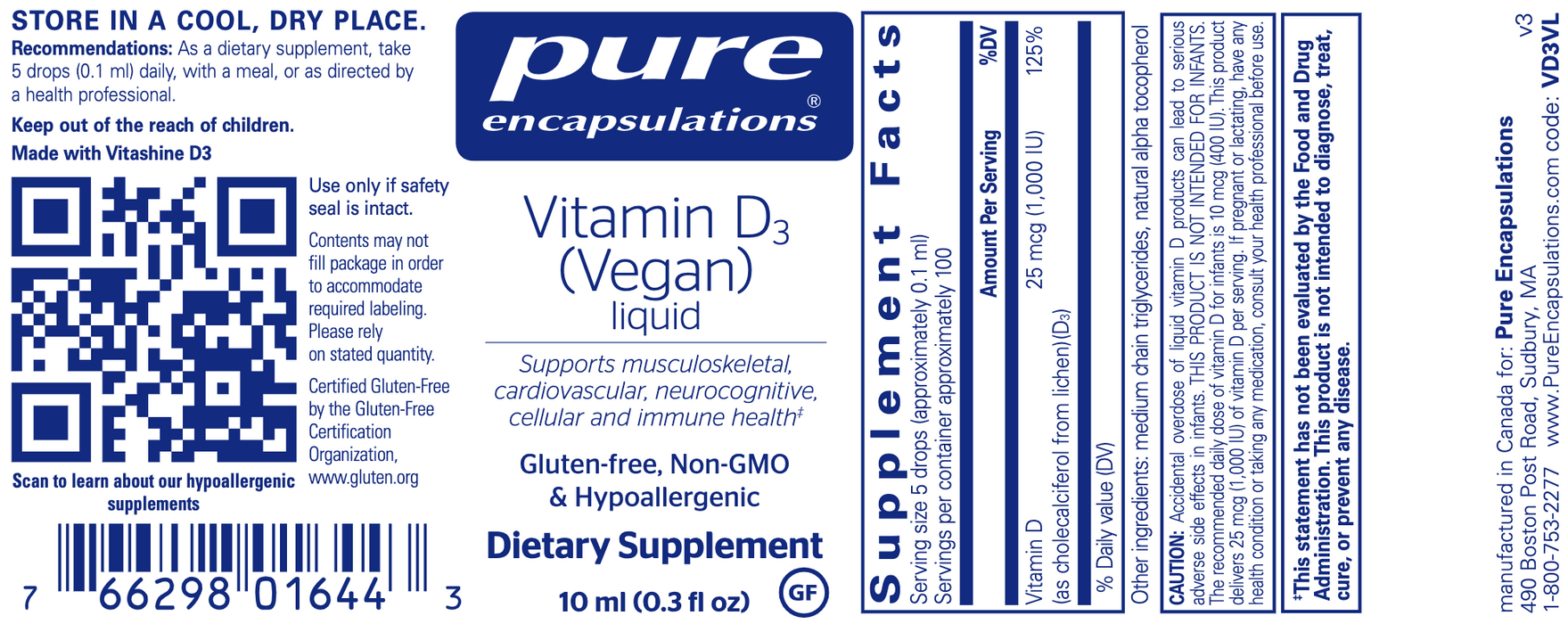 Vegan Liquid Vitamin D3 (1000 IU) (10 mL)-Vitamins & Supplements-Pure Encapsulations-Pine Street Clinic