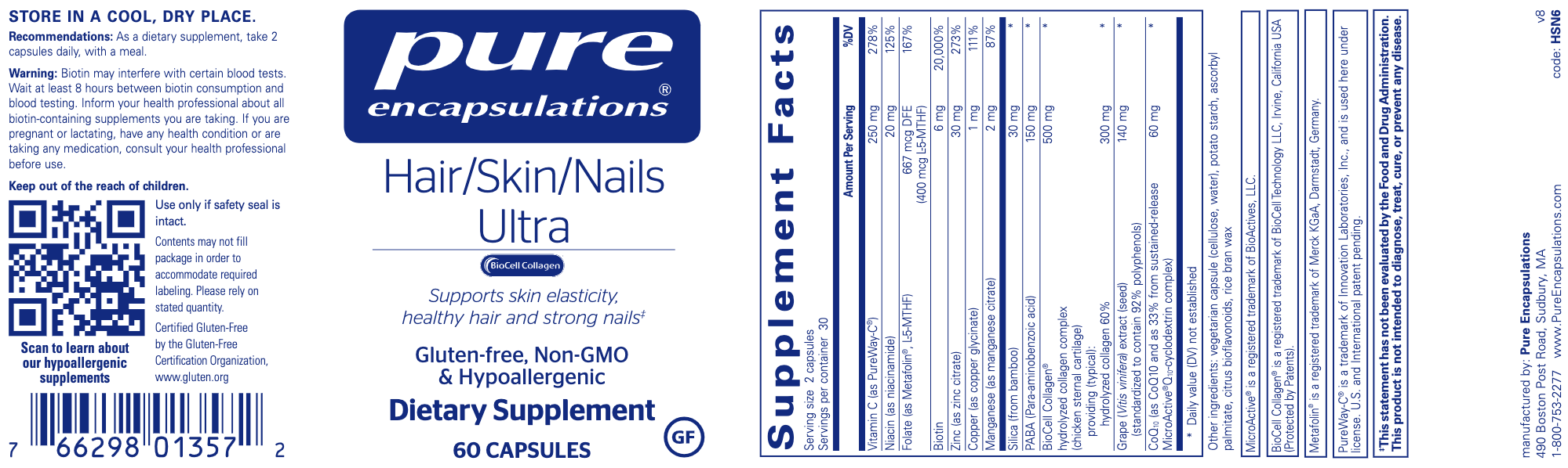 Hair/Skin/Nails Ultra (60 Capsules)-Vitamins & Supplements-Pure Encapsulations-Pine Street Clinic