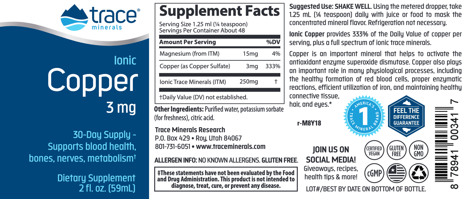 Ionic Copper (3 mg) (59 ml)-Vitamins & Supplements-Trace Minerals-Pine Street Clinic