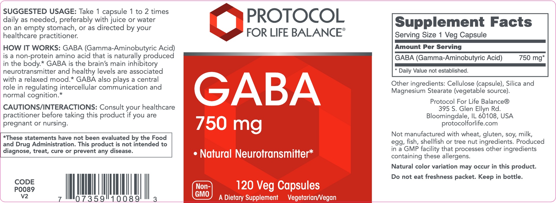 GABA (120 Capsules)-Vitamins & Supplements-Protocol For Life Balance-Pine Street Clinic