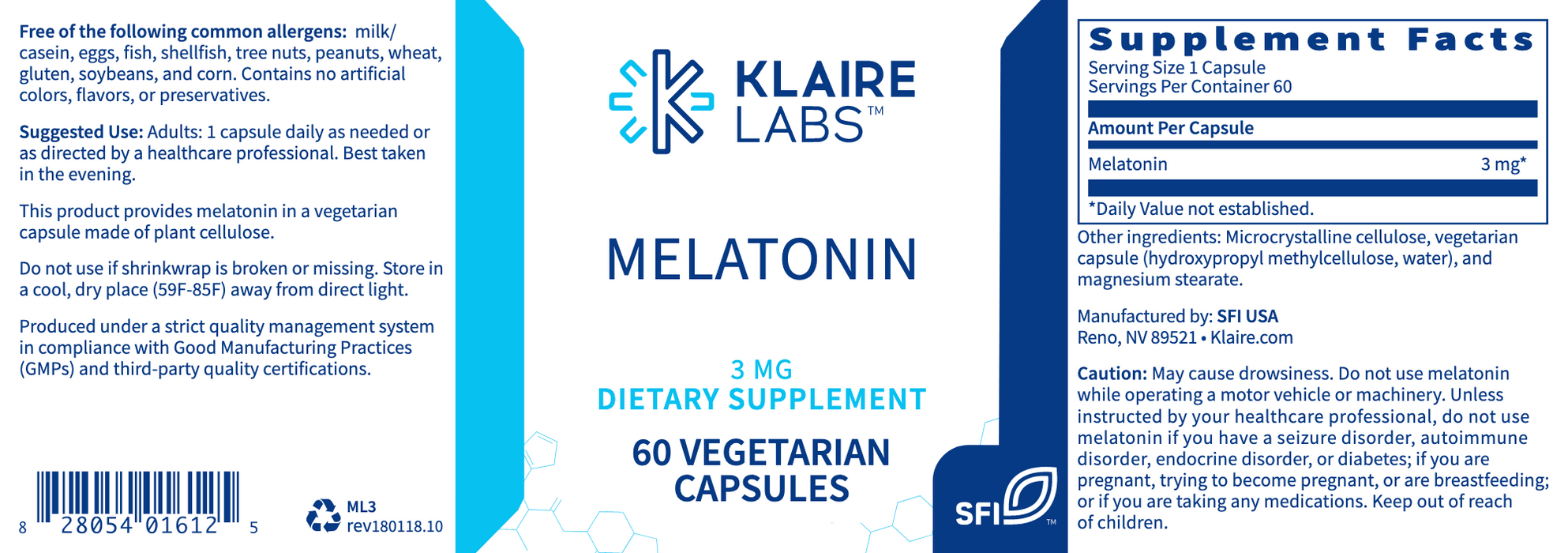 Melatonin 3 mg (60 Capsules)-Klaire Labs-Pine Street Clinic