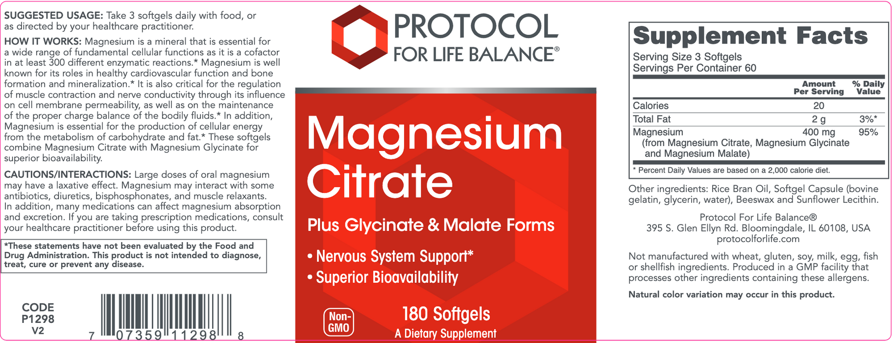 Magnesium Citrate Plus (Glycinate & Malate) (180 Softgels)-Vitamins & Supplements-Protocol For Life Balance-Pine Street Clinic