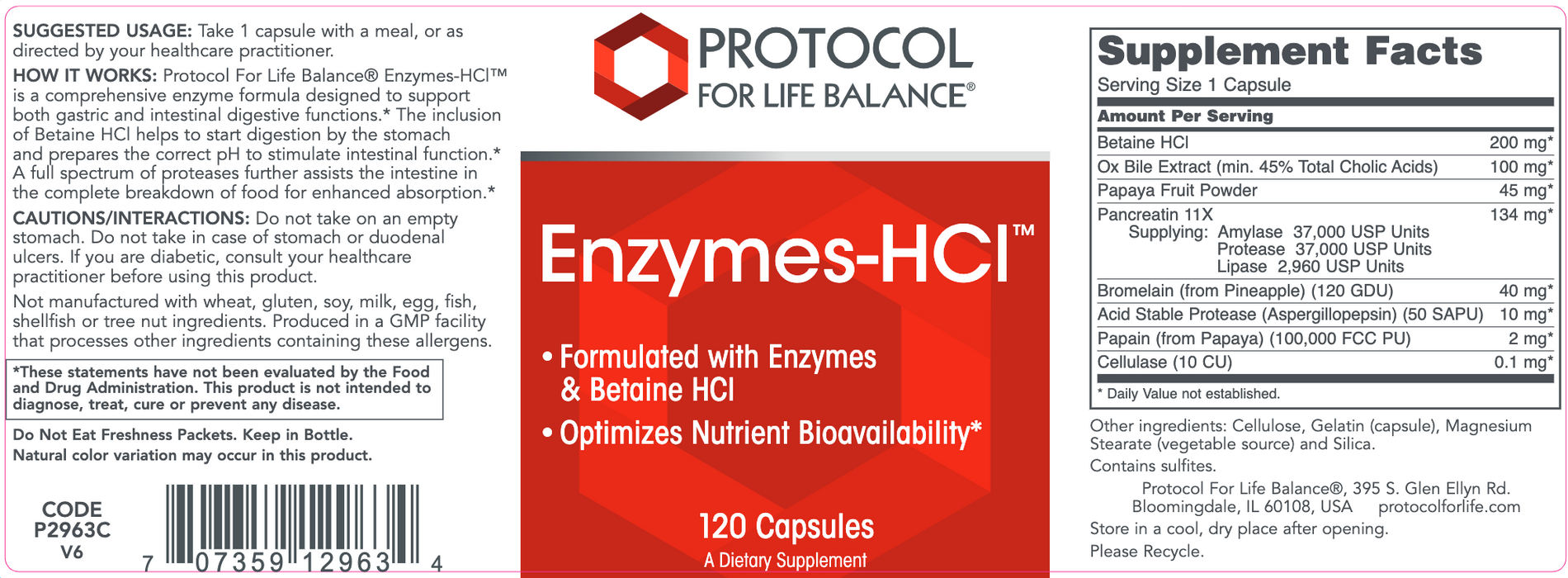 Enzymes-HCl (120 Capsules)-Vitamins & Supplements-Protocol For Life Balance-Pine Street Clinic