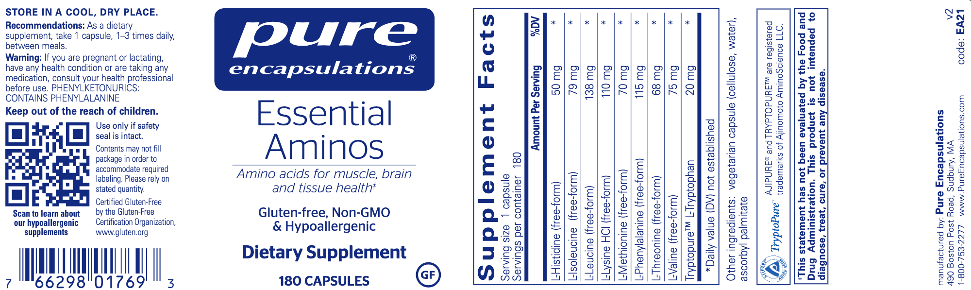Essential Aminos (180 Capsules)-Vitamins & Supplements-Pure Encapsulations-Pine Street Clinic