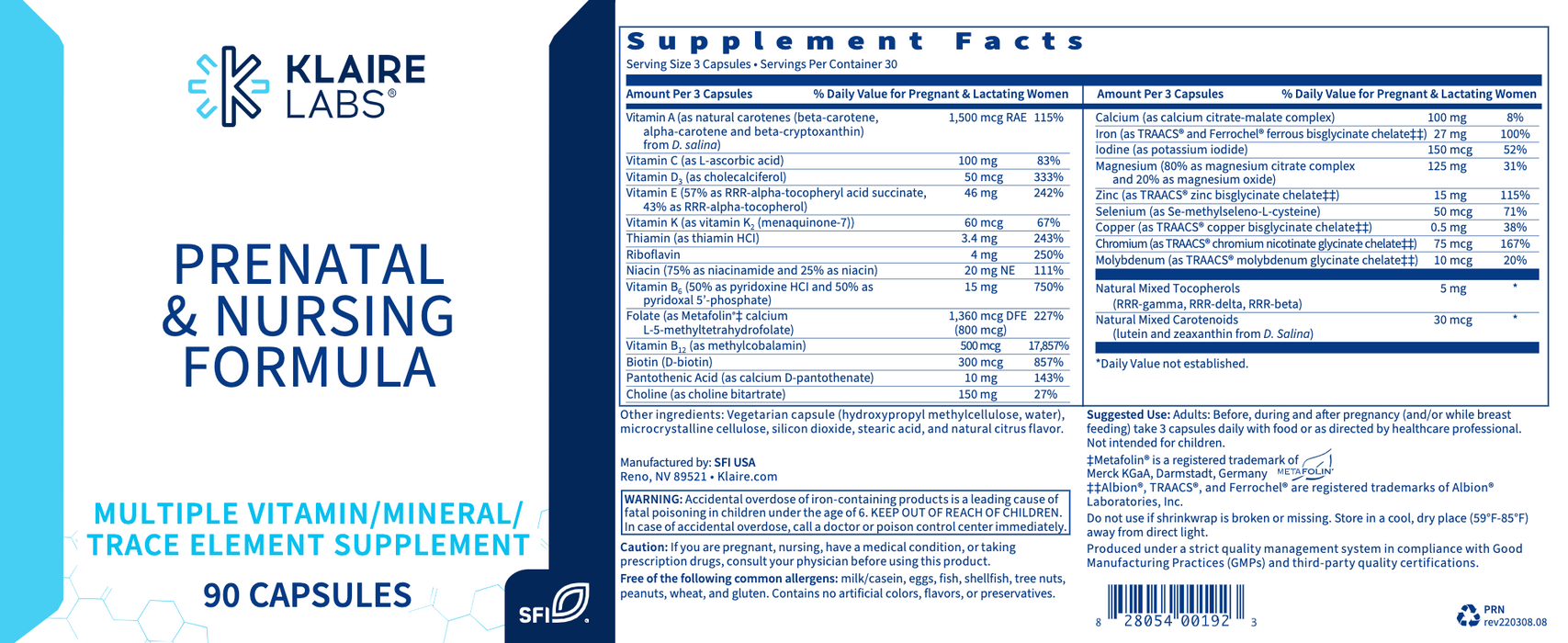 Prenatal and Nursing Formula (90 Capsules)-Vitamins & Supplements-Klaire Labs - SFI Health-Pine Street Clinic