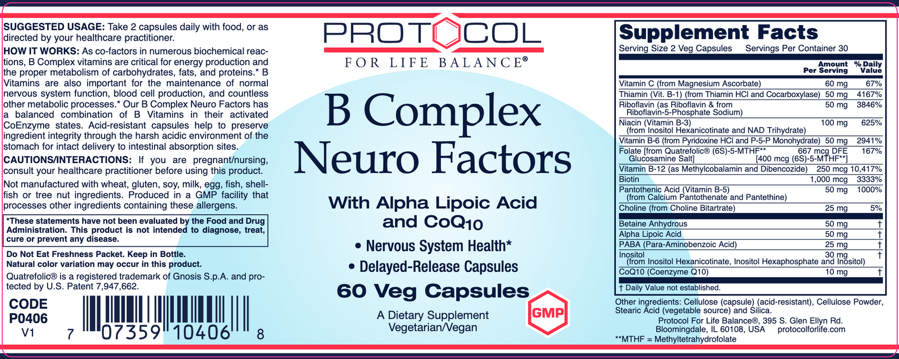 B Complex Neuro Factors (60 Capsules)-Vitamins & Supplements-Protocol For Life Balance-Pine Street Clinic