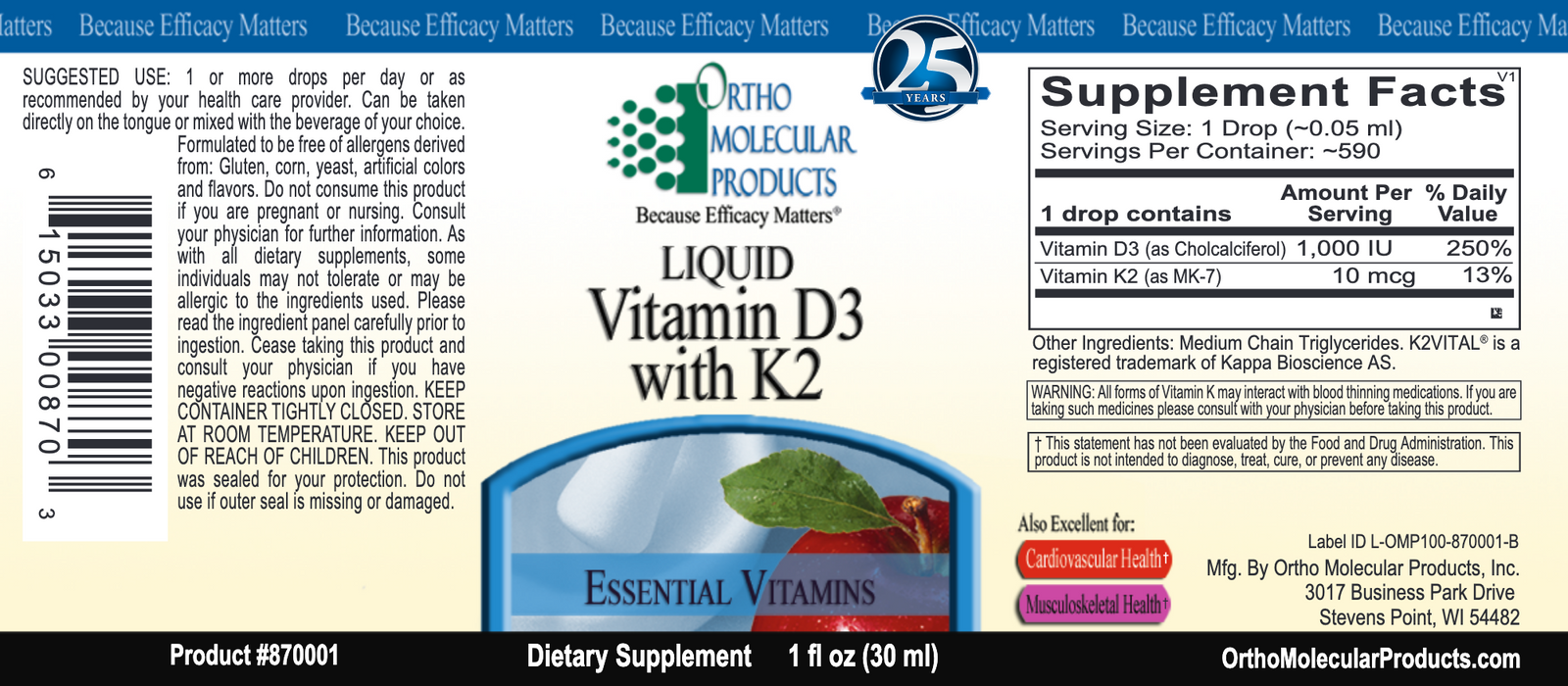 Vitamin D3 with K2 (1 Ounce Liquid)-Vitamins & Supplements-Ortho Molecular Products-Pine Street Clinic