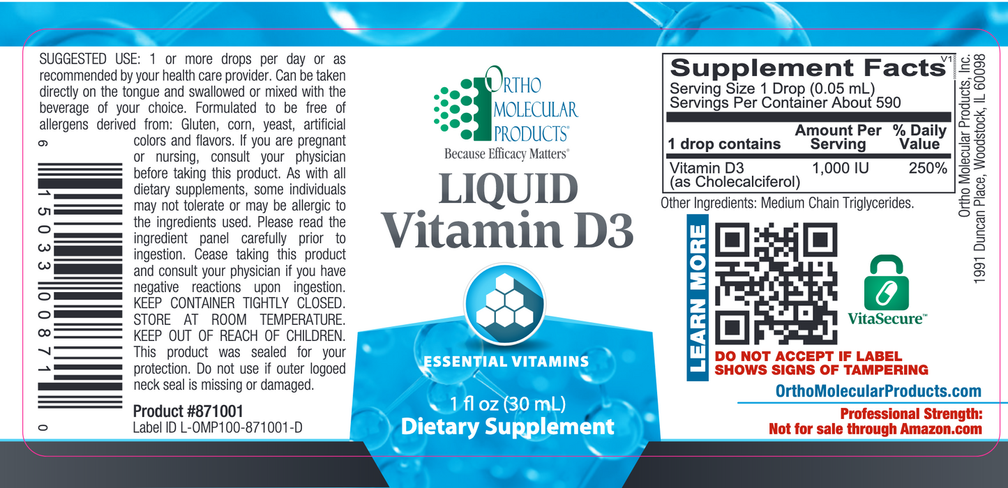 Liquid Vitamin D3 (1 Fluid Ounce)-Vitamins & Supplements-Ortho Molecular Products-Pine Street Clinic