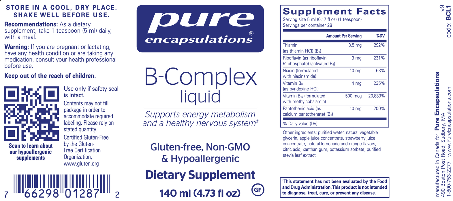 B-Complex Liquid (140 ml)-Pure Encapsulations-Pine Street Clinic