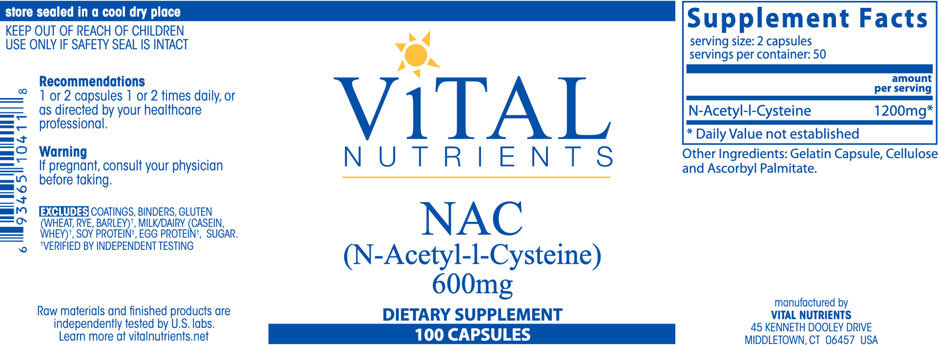 NAC (N-Acetyl-l-Cysteine) (600 mg) (100 Capsules)-Vital Nutrients-Pine Street Clinic