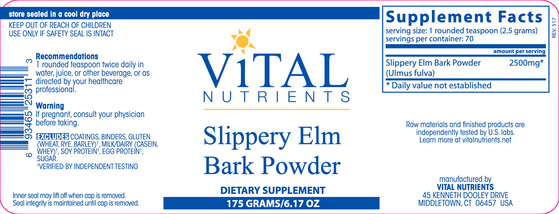 Slippery Elm Bark Powder (175 Grams)-Vital Nutrients-Pine Street Clinic