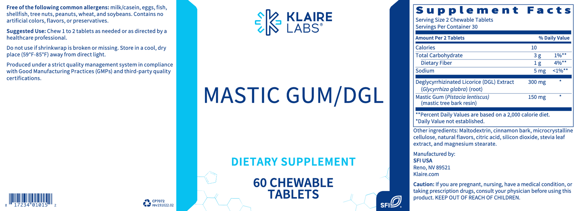 Mastic Gum/DGL - 60 Chewable Tablets - Klaire Labs