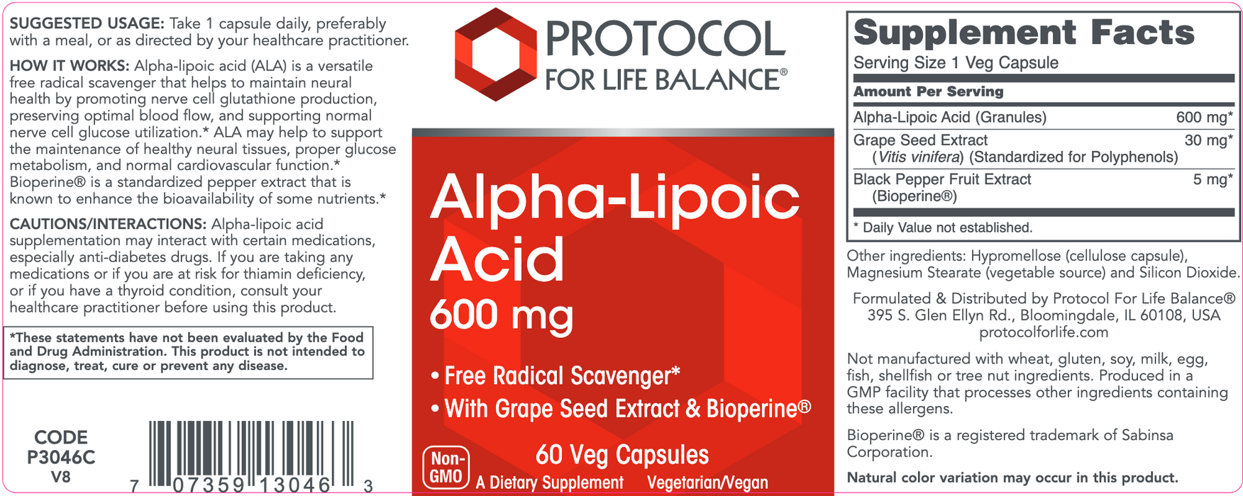 Alpha Lipoic Acid (600 mg) (60 Capsules)-Vitamins & Supplements-Protocol For Life Balance-Pine Street Clinic