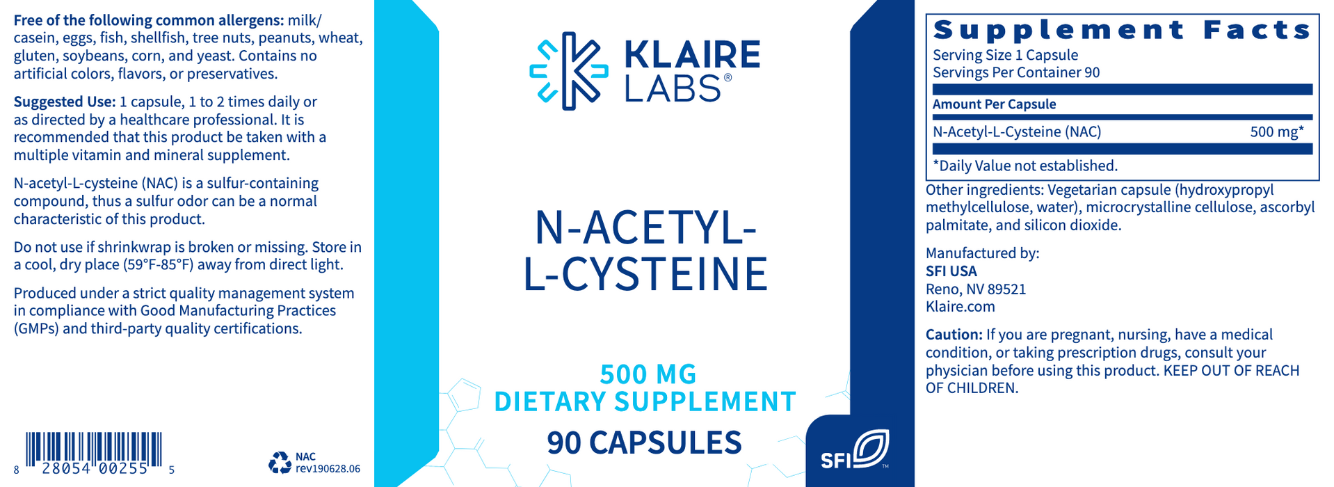 N-Acetyl Cysteine (NAC) (500 mg) (90 Capsules)-Vitamins & Supplements-Klaire Labs - SFI Health-Pine Street Clinic