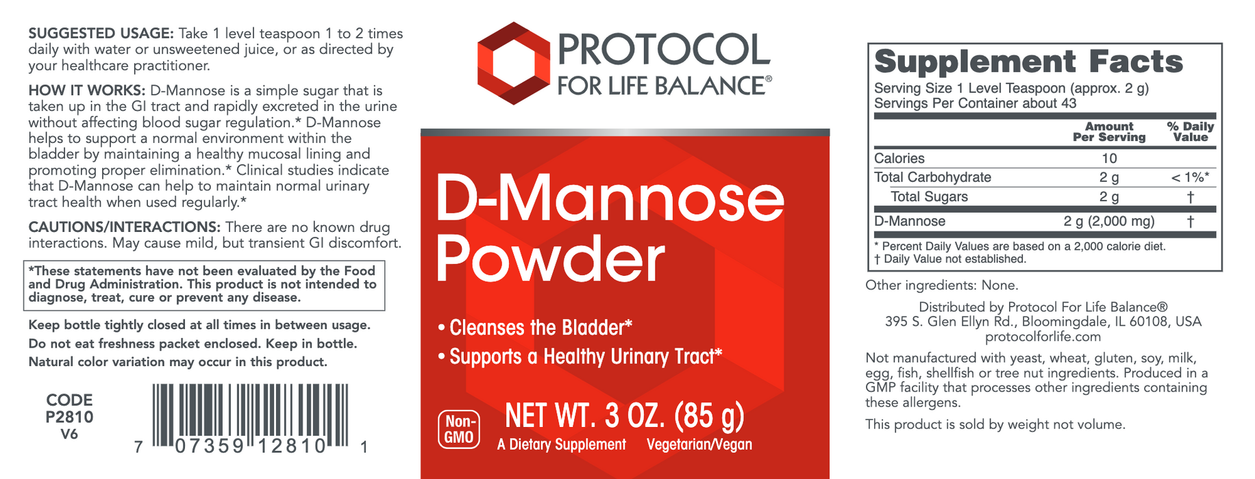 D-Mannose Powder (85 Grams)-Vitamins & Supplements-Protocol For Life Balance-Pine Street Clinic