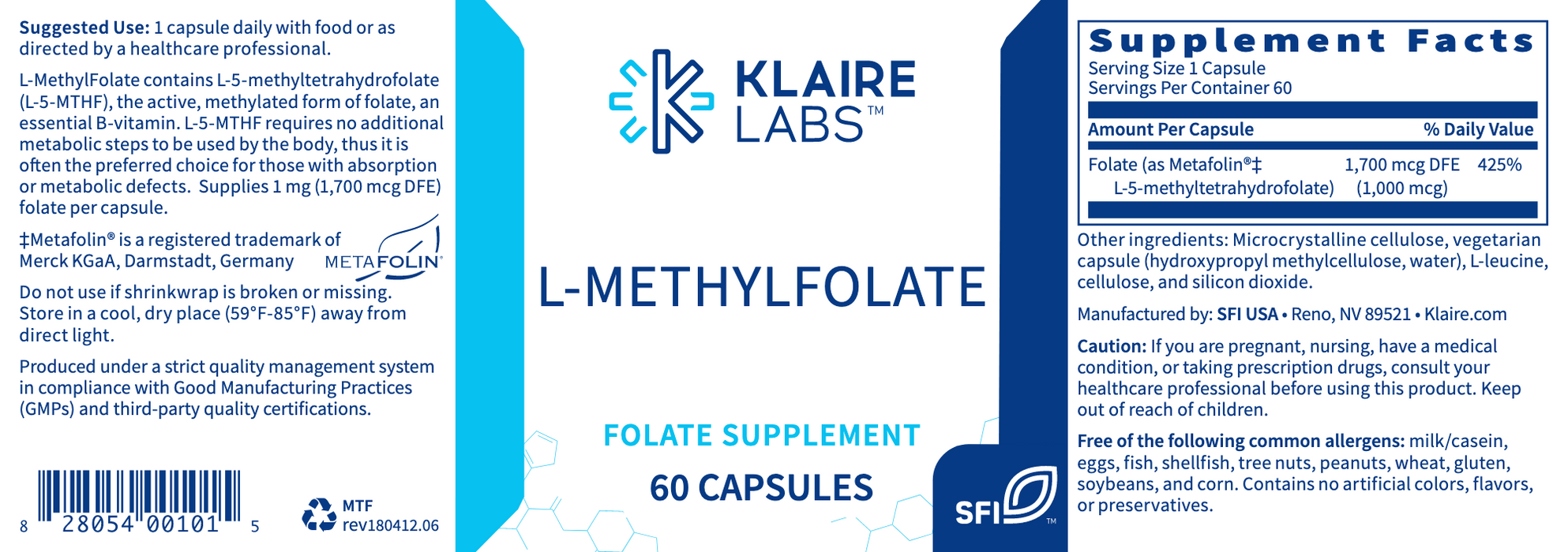 Active-Folate (5-methyltetrahydrofolate) (5-MTHF) (60 Capsules)-Klaire Labs-Pine Street Clinic