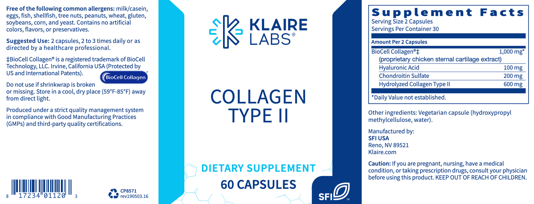 Collagen Type II (500 mg) (60 Capsules)-Klaire Labs - SFI Health-Pine Street Clinic