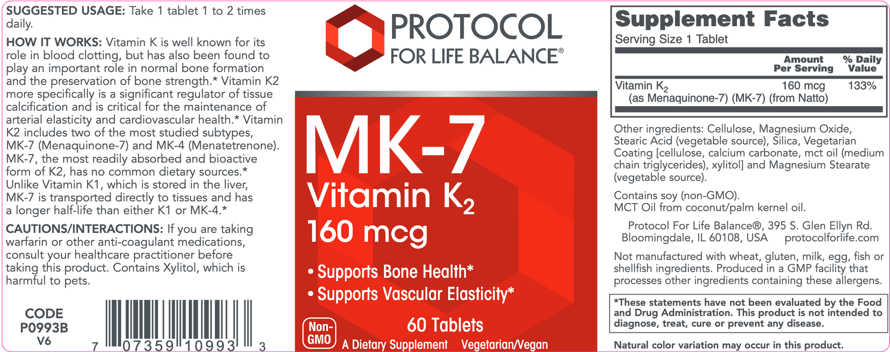 Vitamin K2 (Mk7)-Vitamins & Supplements-Protocol For Life Balance-160 mcg - 60 Tablets-Pine Street Clinic