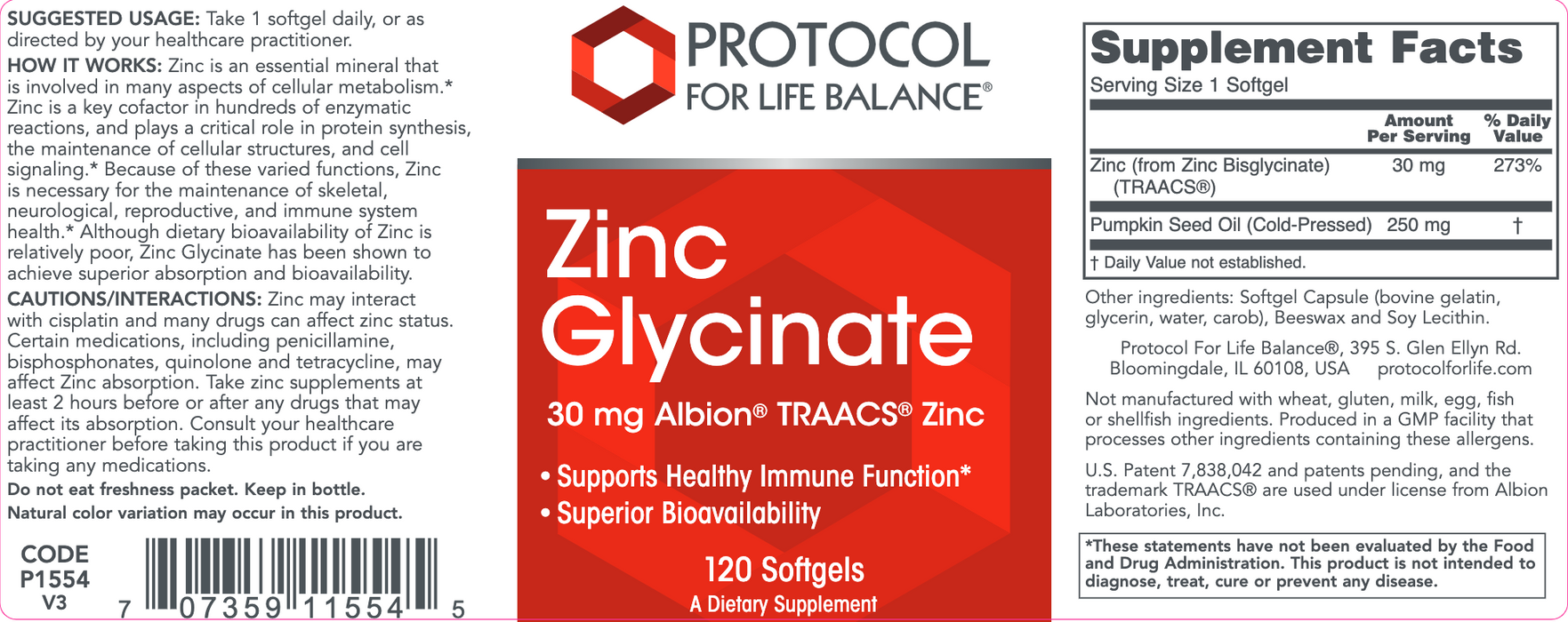 Zinc Glycinate (120 Softgels)-Vitamins & Supplements-Protocol For Life Balance-Pine Street Clinic