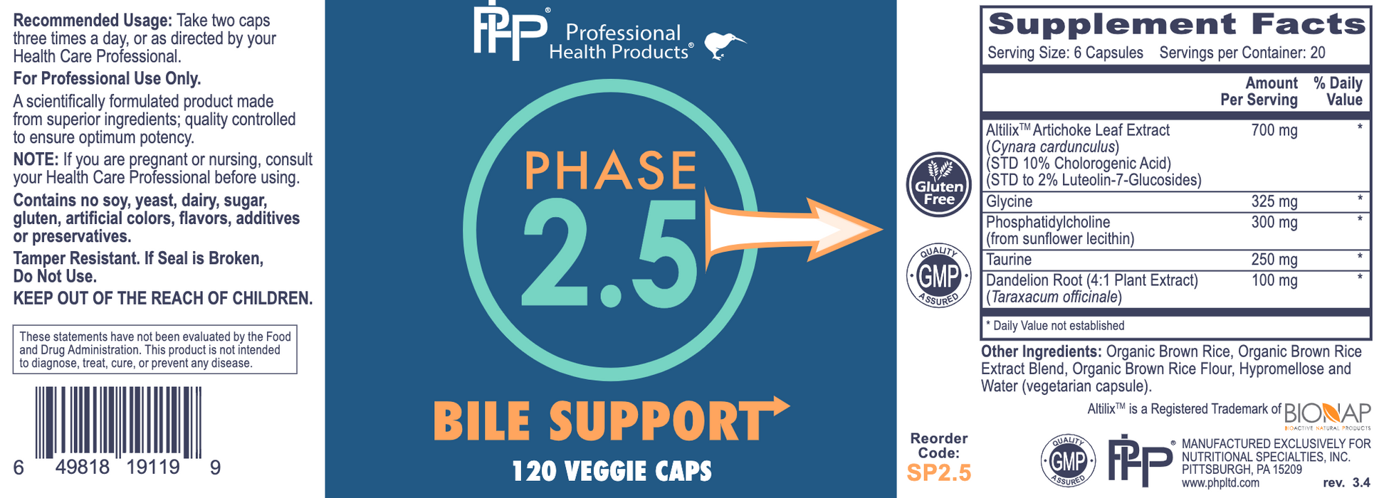 Phase 2.5 Bile Support (120 Capsules)-Professional Health Products-Pine Street Clinic