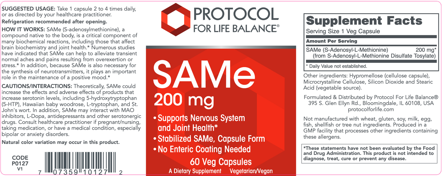 SAMe-Vitamins & Supplements-Protocol For Life Balance-200 mg - 60 Capsules-Pine Street Clinic