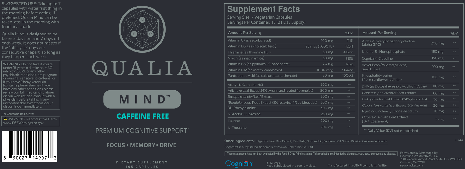 Qualia Mind (105 Capsules)-Vitamins & Supplements-Neurohacker-With Caffeine-Pine Street Clinic