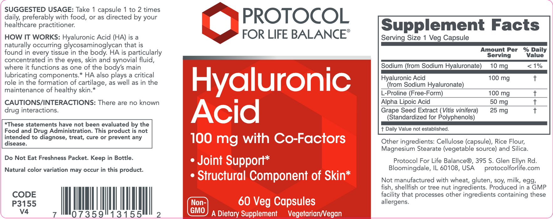 Hyaluronic Acid (60 Capsules)-Vitamins & Supplements-Protocol For Life Balance-Pine Street Clinic