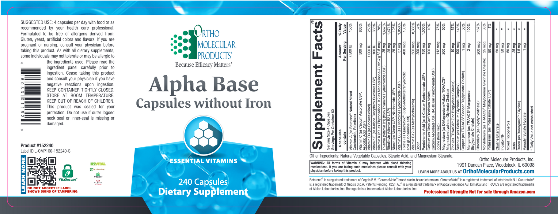Alpha Base Capsules Without Iron-Ortho Molecular Products-120 Capsules-Pine Street Clinic