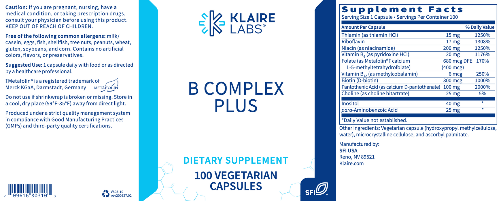 B Complex Plus (100 Capsules)-Klaire Labs - SFI Health-Pine Street Clinic