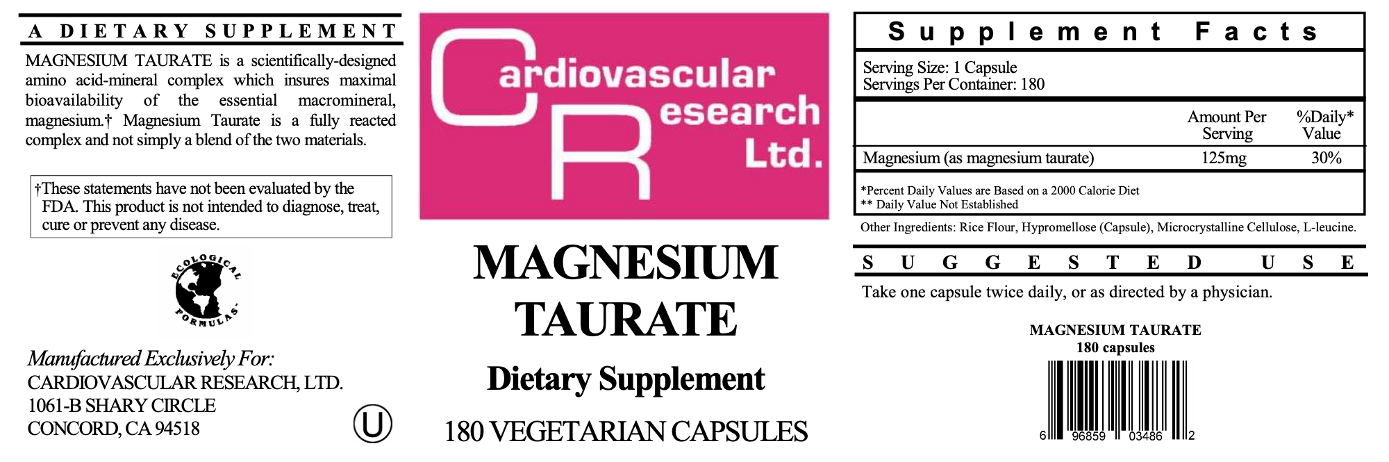 Magnesium Taurate (125 mg) (180 Capsules)-Vitamins & Supplements-Ecological Formulas-Pine Street Clinic