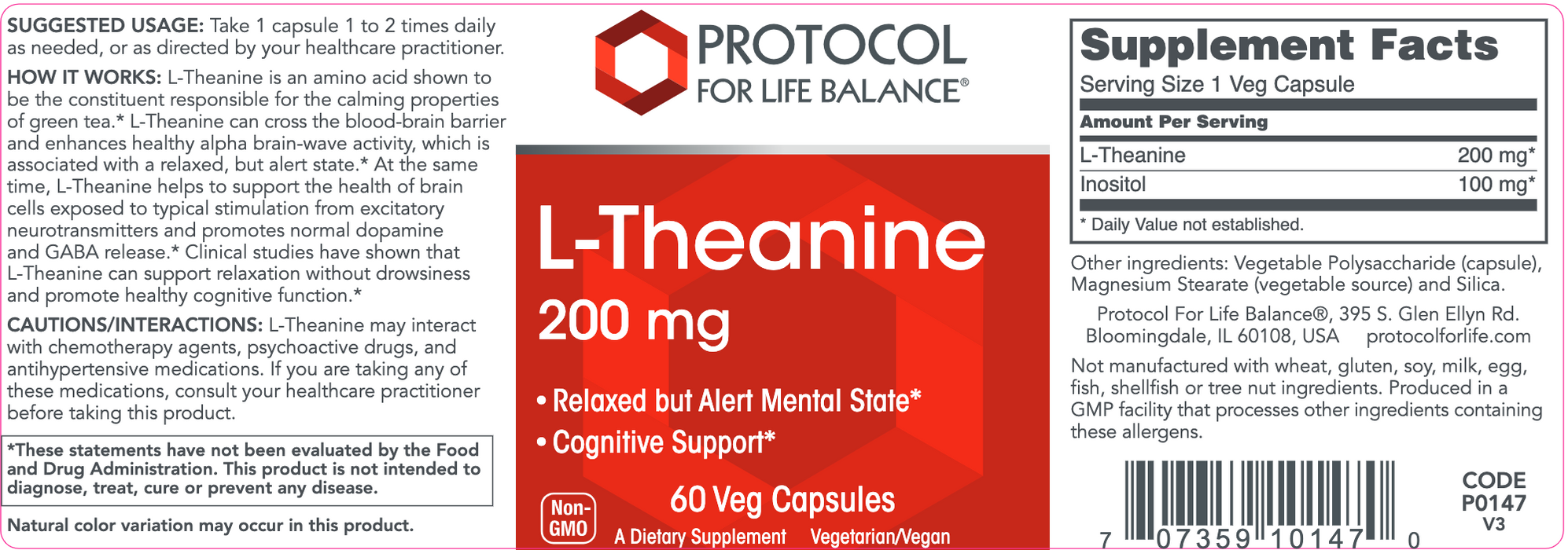 L-Theanine (60 Capsules)-Vitamins & Supplements-Protocol For Life Balance-Pine Street Clinic