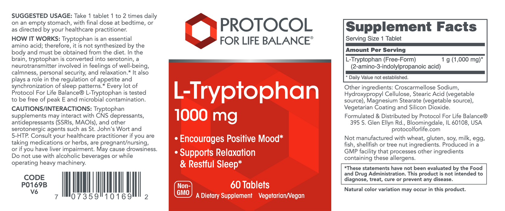 L-Tryptophan (1000 mg) (60 Tablets)-Vitamins & Supplements-Protocol For Life Balance-Pine Street Clinic