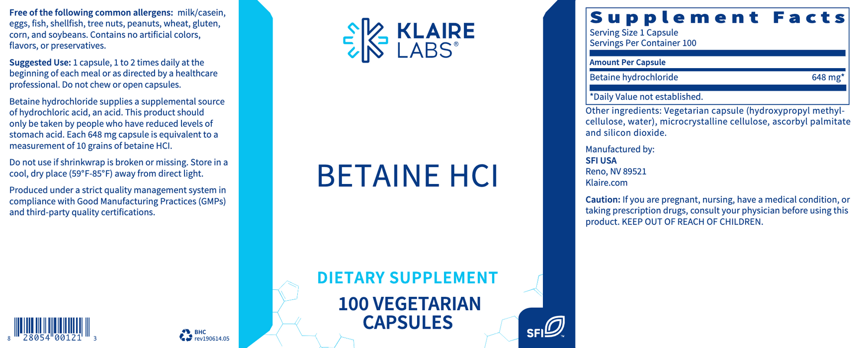 Betaine HCl (100 Capsules)-Vitamins & Supplements-Klaire Labs - SFI Health-Pine Street Clinic